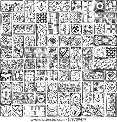 Seamless Pattern. Sampler Doodle Flowers, Leaves, Hearts. Geometric ...