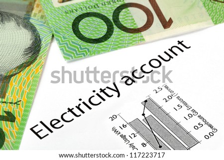 Electricity account showing increasing usage and greenhouse gas emissions, with Australian one hundred dollar bills.