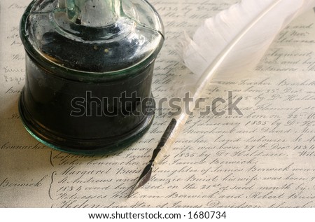 Quill pen with old-fashioned inkwell, and background of 19th Century handwriting