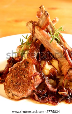 Lamb cutlets on a parsnip mash, with caramelized spanish onions.  Cooked (and eaten) by the photographer.