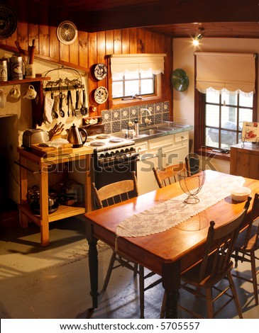 Kitchen of an old cottage kitchen, lovingly restored.  The cottage was built in 1866, in a goldmining area of Victoria, Australia.