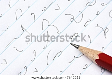 Page of shorthand notes, with sharpened pencil.  Old-fashioned business communication.  If you can read what\'s written, please email me and let me know!