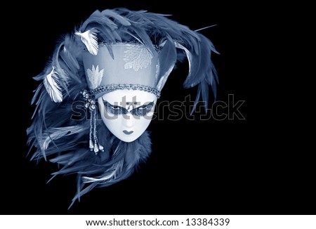 Venetian mask doll with feathered headdress.  Blue tone.