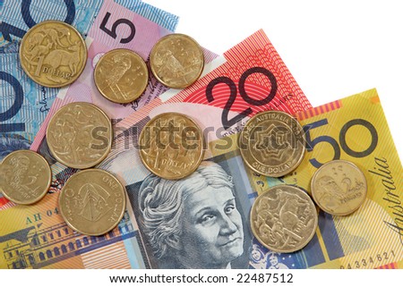 Australian coins and notes, on white background.