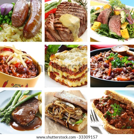 Collage of delicious beef meals.  Includes steak, sausages, chili, salad, lasagne.