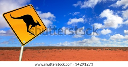 Kangaroo warning sign in the Australian outback.  Western New South Wales, near Broken Hill.