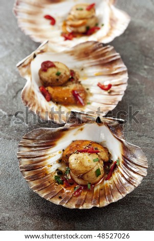 Grilled scallops in scallop shells, with chili.  Focus on front scallop.