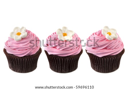 Three chocolate cupcakes with vibrant pink frosting and sugar flowers.  In a row, isolated on white.