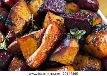 Root vegetables roasted with balsamic and thyme.  Includes beetroot, carrots, and sweet potato.