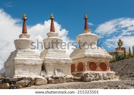 Tibetan White Pagodas with Blue Sky, Thiksey Monastery, in Leh - Ladakh, North of India