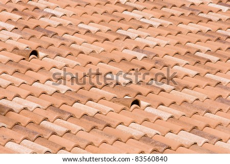 a large red tiled roof in the summer sunlight