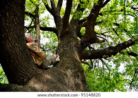 The elderly man is lying on a big tree