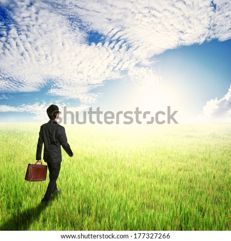 Business man walking and holding bag in fields and sun sky