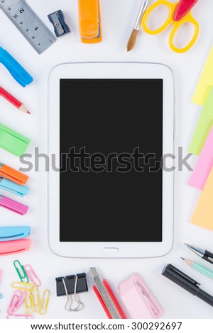 Blank  and school or office tools  on white background And copy space