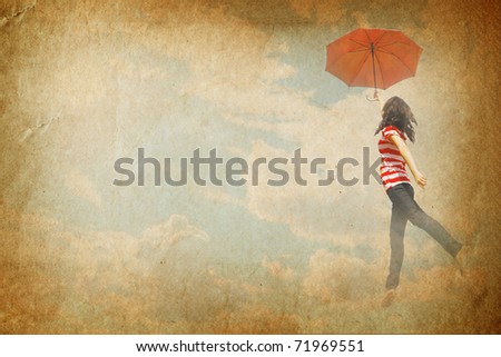 Red umbrella woman and old paper for text and background