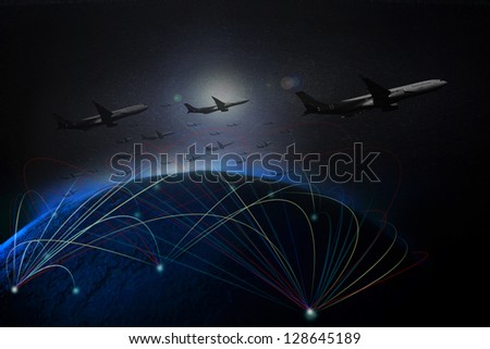 air plane flying over earth space by low key light