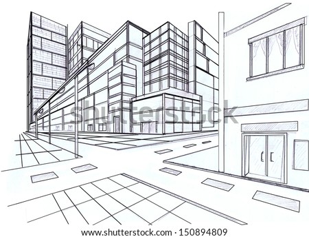 two point perspective sketching plan of out door building