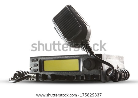 cb radio  transceiver station and loud speaker holding on air on white background use for ham connection and  amateur radio gear theme