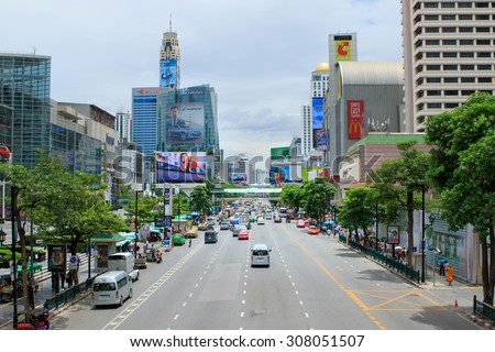 BANGKOK THAILAND : AUGUST4 : top view of Ratchadumri road in front of central world important visitor landmark in heart of thailand capital in bangkok thailand on august4 ,2015