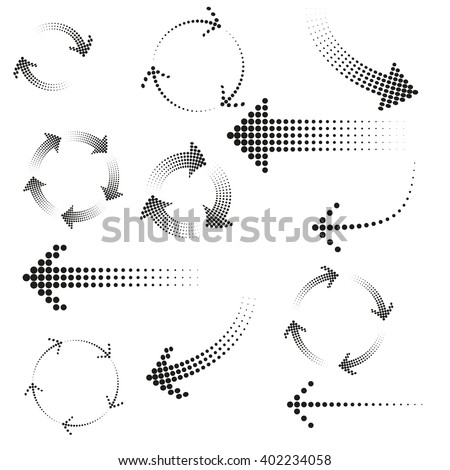 Set of dotted arrows. Halftone effect vector templates