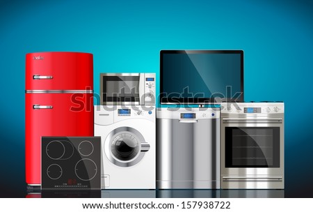 Kitchen and house appliances: microwave, washing machine, refrigerator, gas stove, dishwasher, tv. 