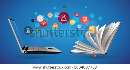 Computer as book knowledge base concept - laptop as elearning idea - stay at home and learn math, biology, history, geography, chemistry, physics, english