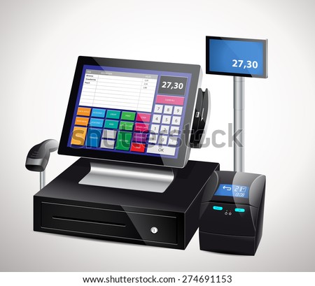 Cash register with bar code reader, credit card reader and receipts printer