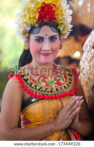 BALI, INDONESIA - MARCH 16: Girl during a classic national Balinese dance Barong on March 16, 2013 on Bali, Indonesia. Barong is very popular cultural show on Bali.