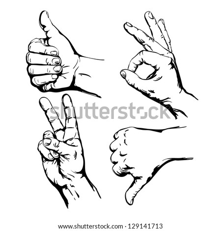 Set of Four Hands with Thumb Finger Up,  Victory and O.K. Symbol Hands. Vector Illustration