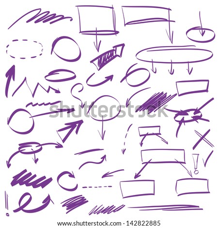 Set of many hand-drawn arrows isolated , vector highlighter elements