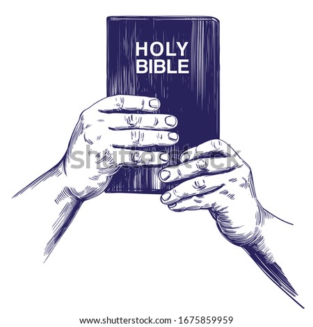 hands holding the Holy Bible, gospel, the doctrine of Christianity, symbol of Christianity hand drawn vector illustration sketch
