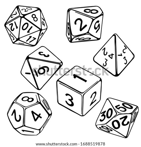 collection of dice for role-playing games isolated on white background hand drawn vector illustration sketch