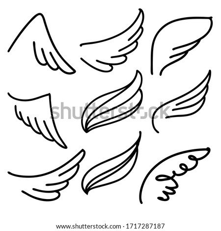Angel wings icon set sketch, stylized bird wings collection cartoon hand drawn vector illustration sketch