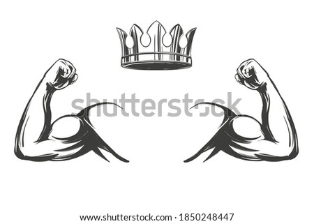 arm, bicep, strong hand and crown icon cartoon symbol hand drawn vector illustration sketch