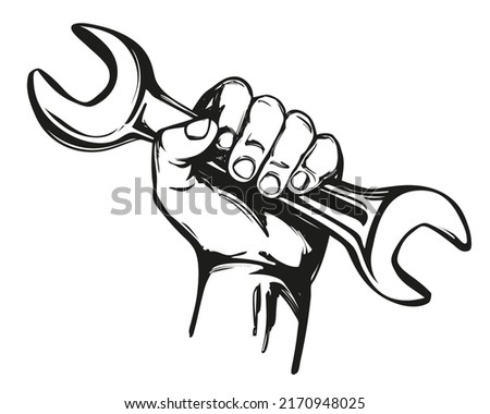 hand holding a wrench, tools icon cartoon hand drawn vector illustration sketch