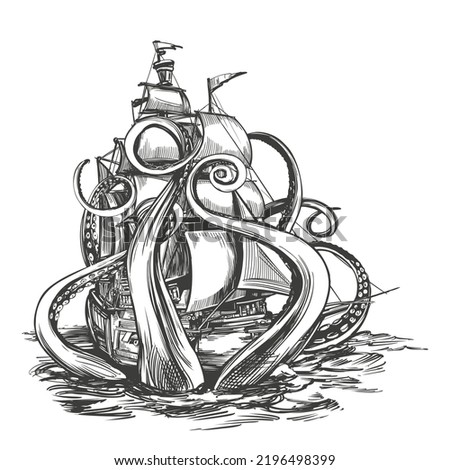 octopus attacked the ship, retro old Ship vintage hand drawn vector illustration realistic sketch