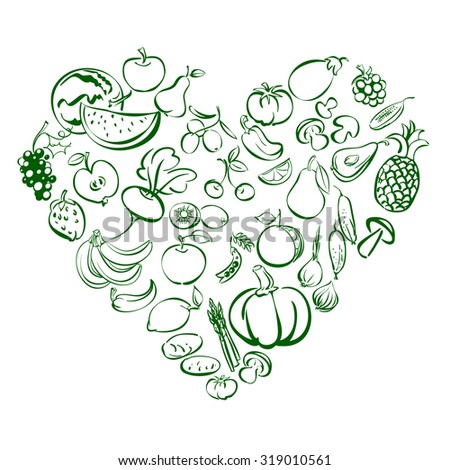 Heart from food fruits and vegetables icon  sketch vector illustration