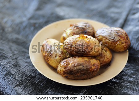 grill potato in plate on picnic mat