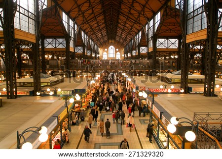 Budapest, Hungary - 14 January  2005: People shopping in the Great Market Hall who is the largest indoor market in Budapest, built in 1896