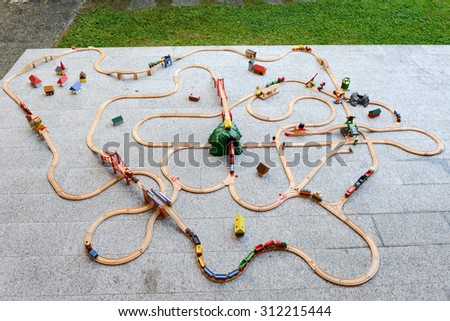 Wooden train set on a garden