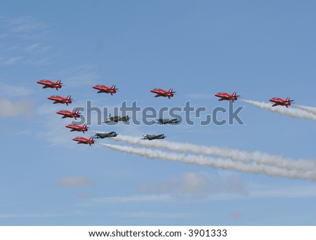 RAF Hawks - Red Arrows Display Team - flypast with Battle of Britain Flight