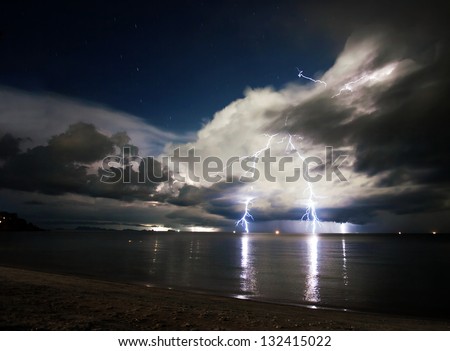 Lightning above the sea at night. Thailand