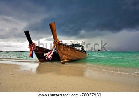 Boats in the tropical sea before storm. Phi Phi island. Thailand