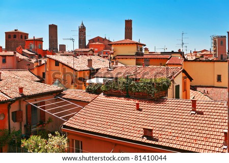 Aerial view of red roofs in Bologna. Italy
