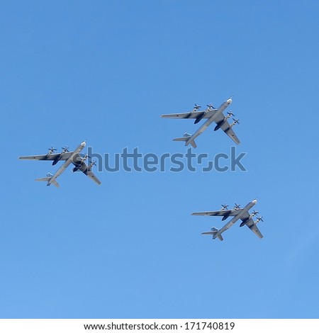 MOSCOW, RUSSIA - MAY 9, 2013: Russian army military jets during military parade for the Victory Day which will take place at Moscow's Red Square.