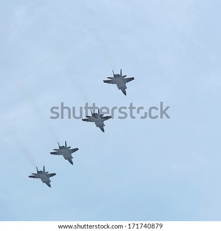 MOSCOW, RUSSIA - MAY 9, 2013: Russian army military jets during military parade for the Victory Day which will take place at Moscow\'s Red Square.