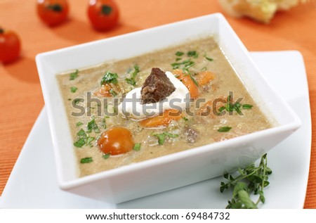 Delicious traditional Balkan sour curd soup with cabbage, tomato, beef and other vegetables