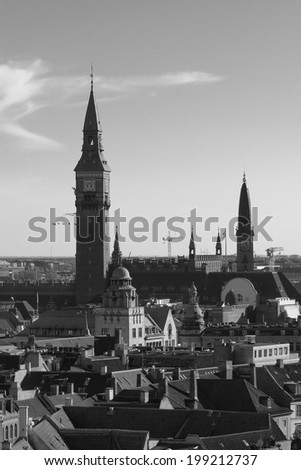Black and white cityscape of Copenhagen over the blue sky, Denmark