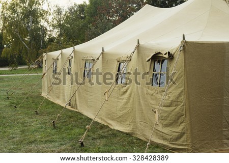 Very big military tent in the forest