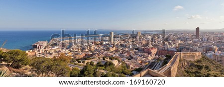 Aerial panoramic view of the seaport of Alicante, Spain looking out towards the Mediterranean Sea